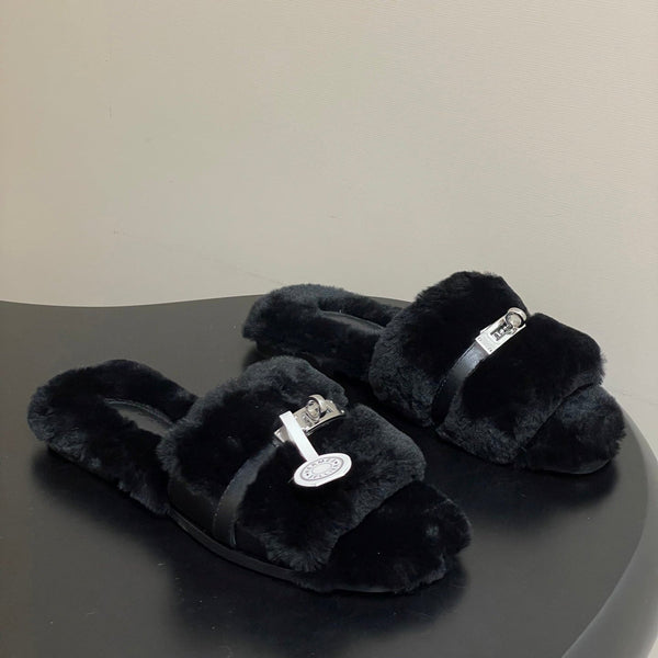 Hermes Giulia Kelly Buckle H-Slippers Black in Wool 594329