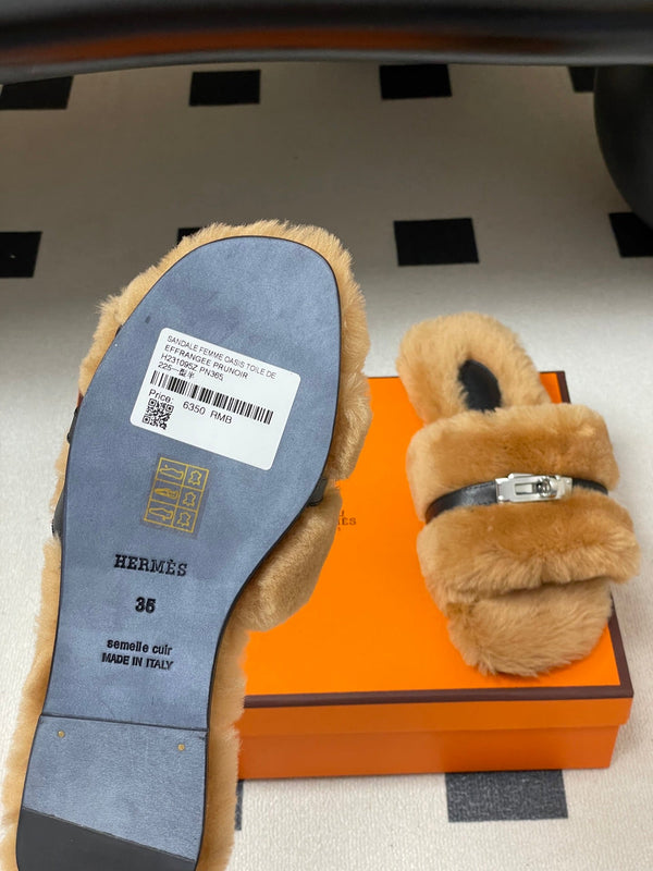 Hermes Giulia Kelly Buckle H-Slippers Brown in Wool 594325