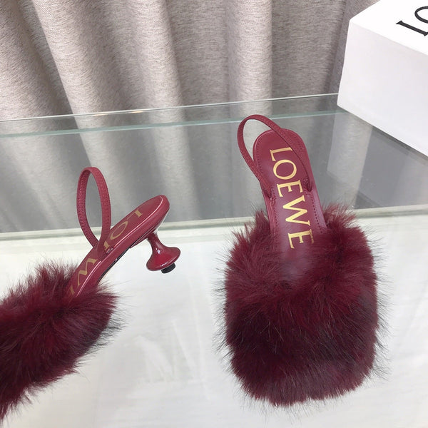 Loewe 25SS Fur-lined Mule 60 Burgundy in Fox Fur 597437