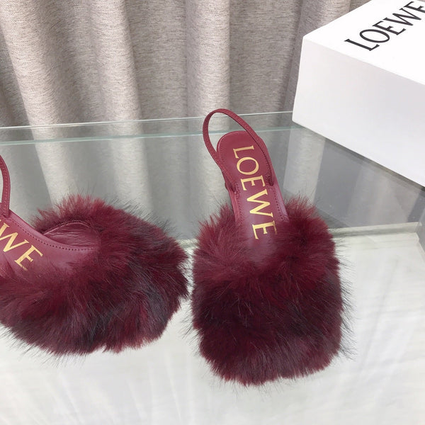 Loewe 25SS Fur-lined Mule 60 Burgundy in Fox Fur 597437