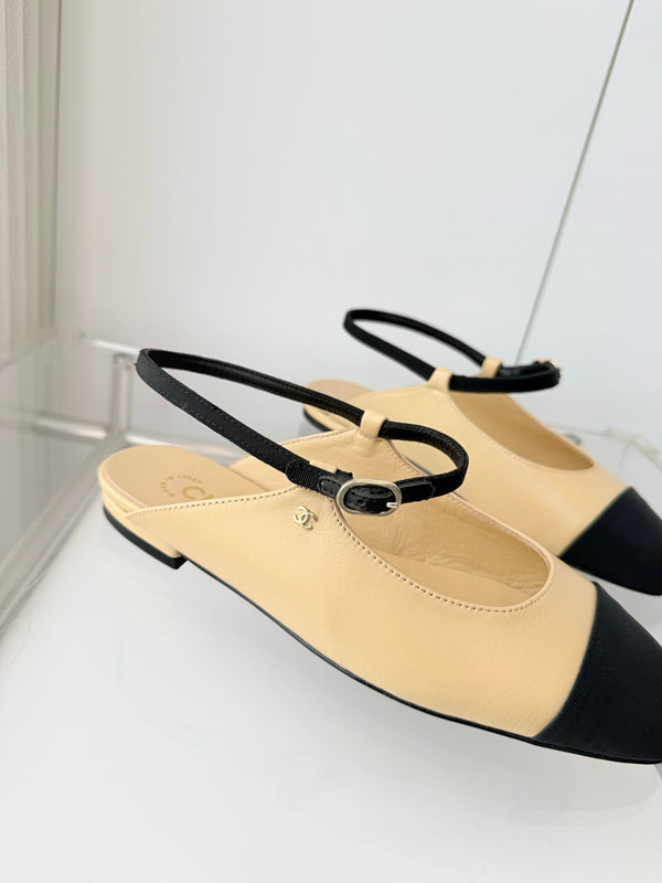 Chanel 26 Slingback Flats Beige Black in Lambskin 597389