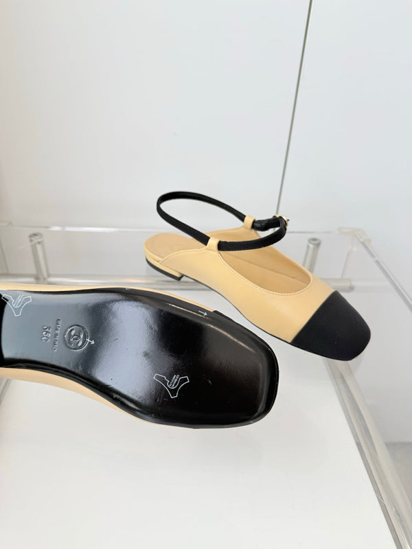 Chanel 26 Slingback Flats Beige Black in Lambskin 597389