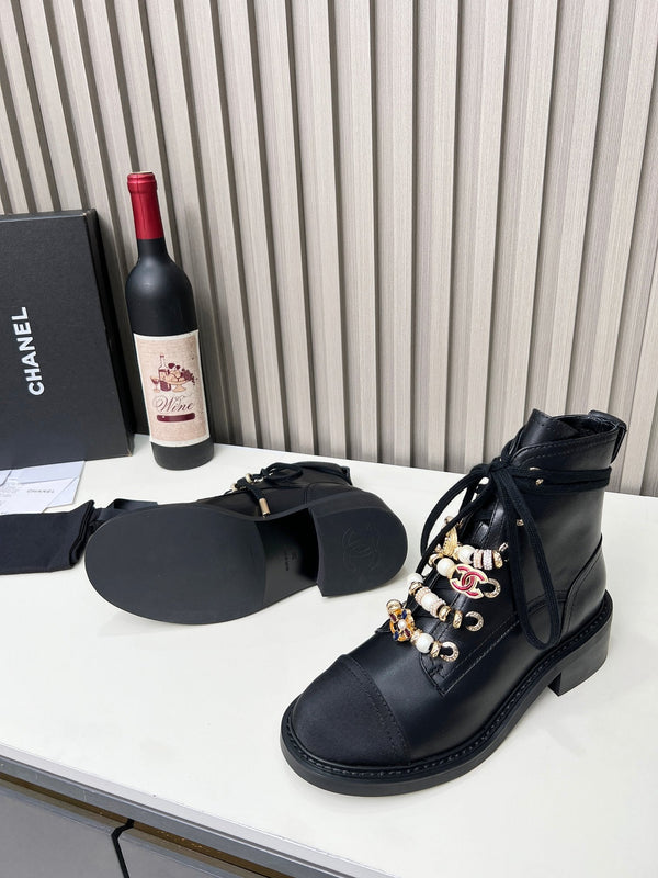 Chanel CC Combat Short Boots With Pearl Black in Calfskin 597894