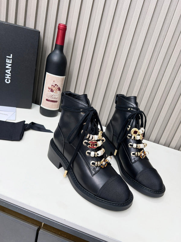 Chanel CC Combat Short Boots With Pearl Black in Calfskin 597894