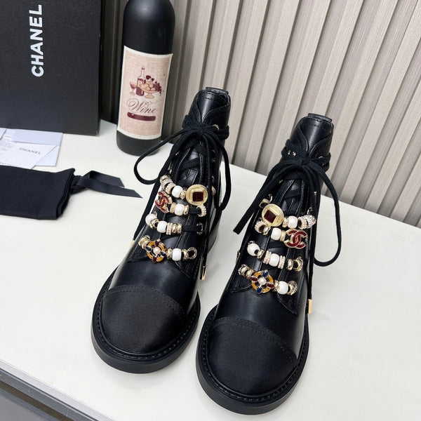 Chanel CC Combat Short Boots With Pearl Black in Calfskin 597894