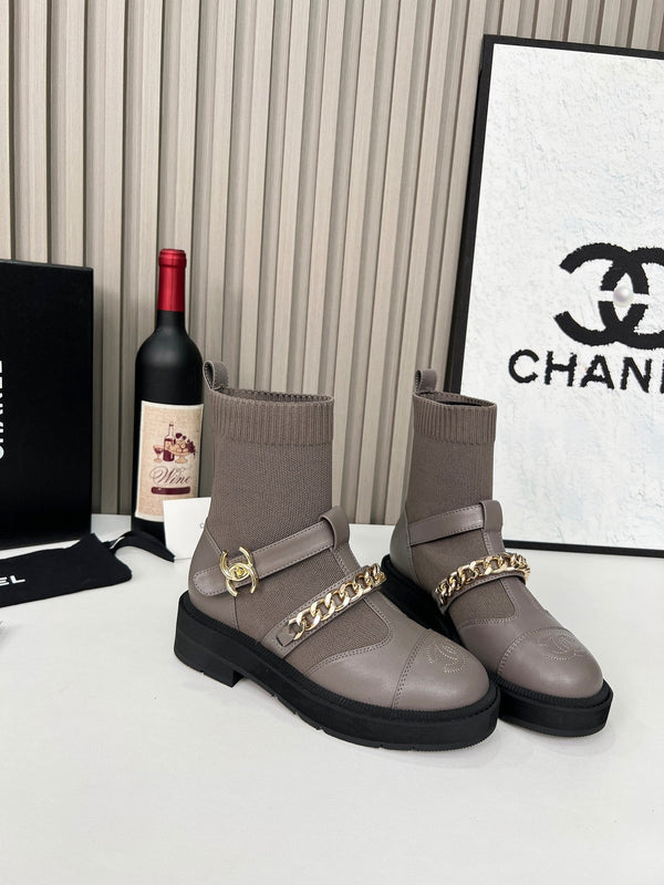 Chanel Chain Sock Ankle Boots Taupe Wool Flyknit 597919