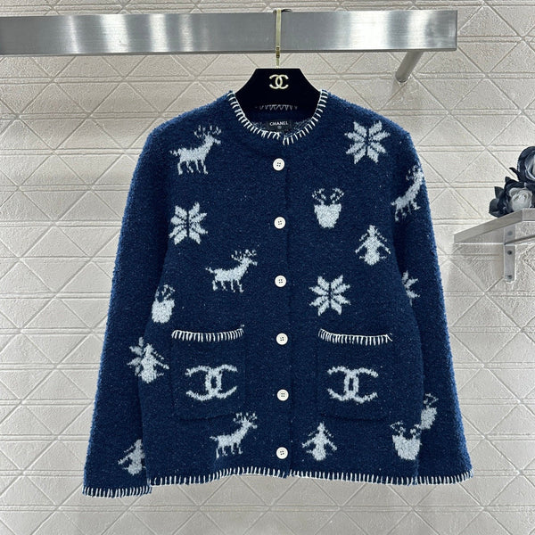 Chanel 26 Jacquard Knit Cardigan Blue in Wool Yarn 801433