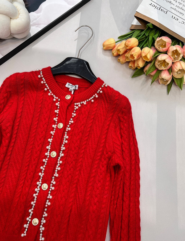 Chanel Cable Knit Crew Neck Cardigan Red in Wool 799524