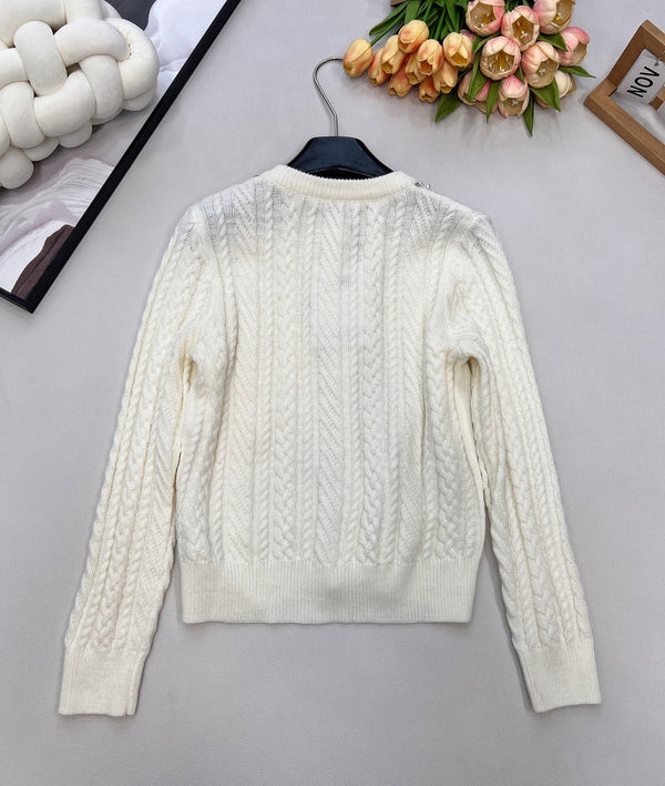 Chanel Cable Knit Crew Neck Cardigan White in Wool 799518