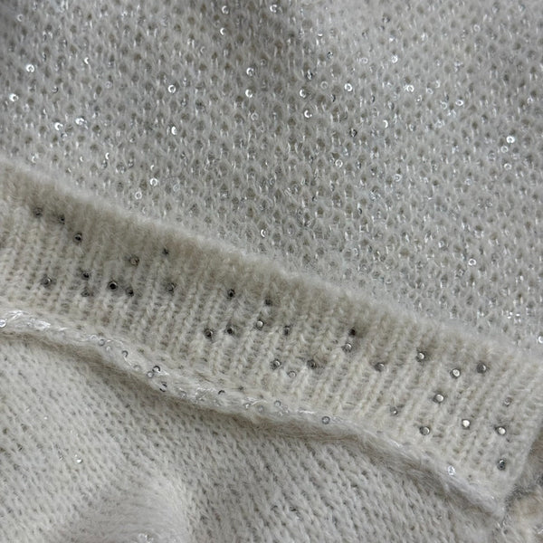 Chanel Rhinestone-Studded V-Neck Long-Sleeve White Wool Knit Sweater