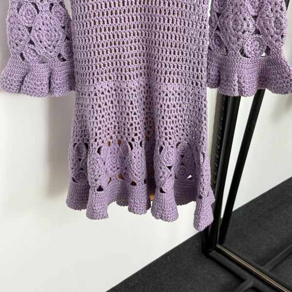 Chanel Hollow-out Knit Flared Long-Sleeve Purple Dress Cashmere20254806