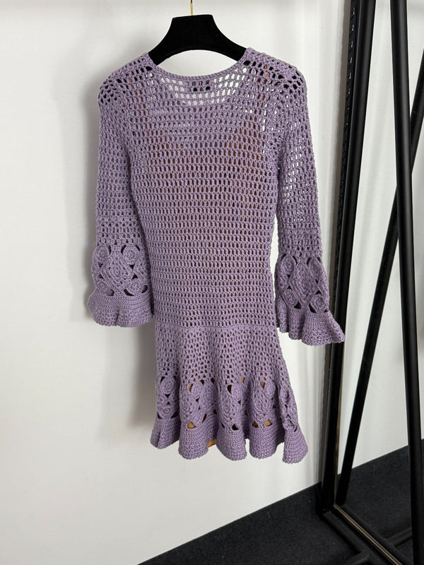 Chanel Hollow-out Knit Flared Long-Sleeve Purple Dress Cashmere20254806