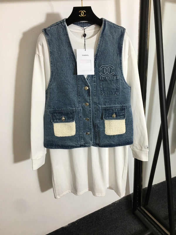 Chanel Chanel-style Vest Denim Jacket + Long-Sleeve Dress