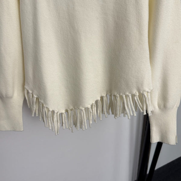 Chanel Metal Logo Lettering Pearl Gold Necklace Tassel Long-Sleeve Knit Top