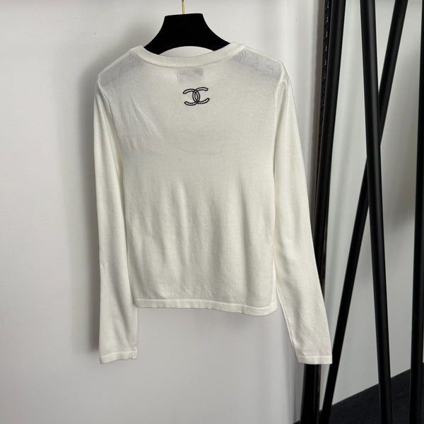 Chanel Long-Sleeved Knit T-Shirt with Embroidered Chanel Logo