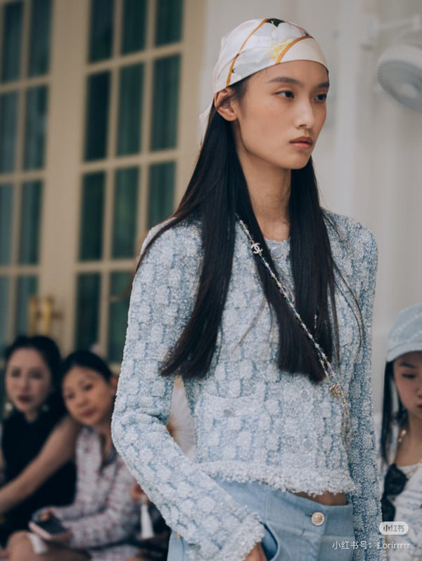 Chanel 26 Blue and White Round Neck Cardigan with Tassel Trim at the Hem