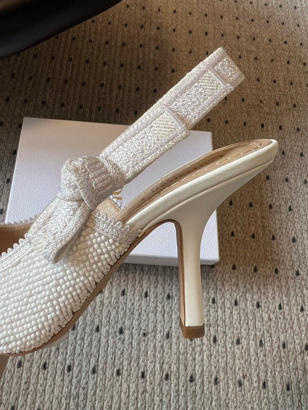 CD J'Adior Slingback heels 95 White in Cotton with Metallic Thread Embroidery 598135