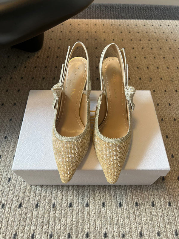 CD J'Adior Slingback heels 95 Beige in Cotton with Metallic Thread Embroidery 598131