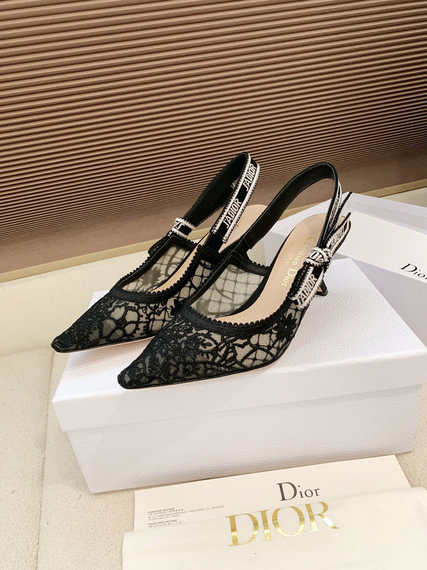 CD Ribbon Lace Open-toe Black Sandals 65 in Sheepskin 598115