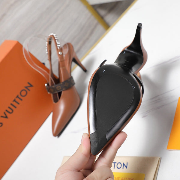 LV Vibe Slingback Pumps 95 Brown Glossy Naplak Leather 600675