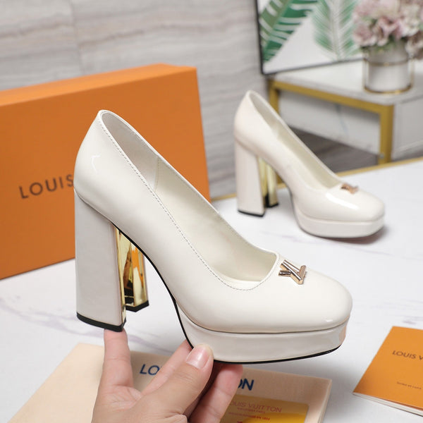 LV 26ss Chunky Heel Platform Sandals 11cm White in Patent Leather 600731