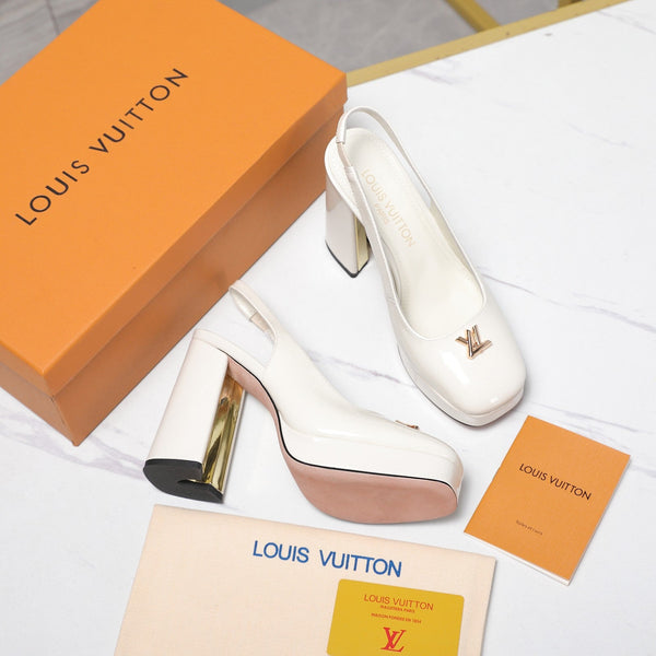 LV 26ss Chunky Heel Platform Slingback 11cm White in Patent Leather 600736