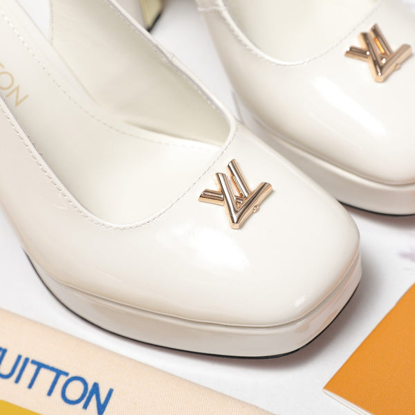 LV 26ss Chunky Heel Platform Slingback 11cm White in Patent Leather 600736