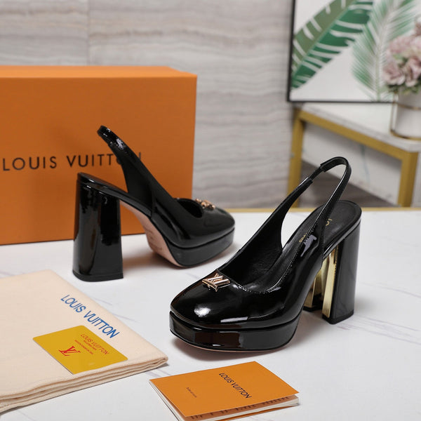 LV 26ss Chunky Heel Platform Slingback 11cm Black in Patent Leather 600737