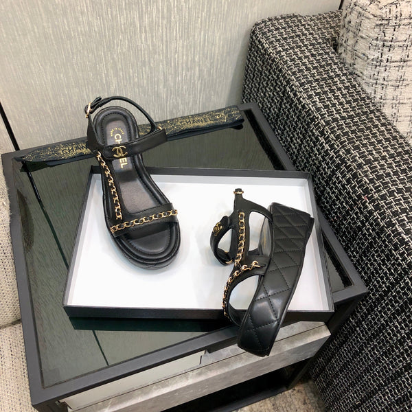 Chanel 26 Platform Chain Sandals Black in Lambskin 602503