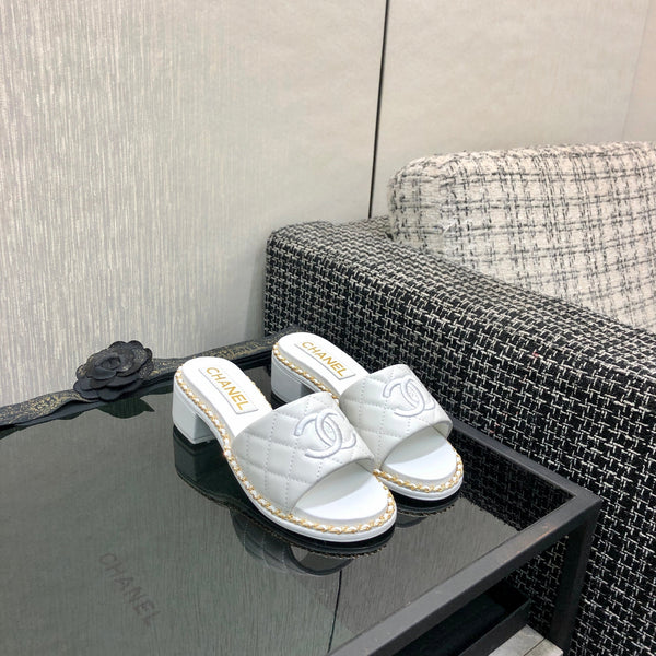 Chanel 26 High-Heeled Chain Slippers White in Lambskin 602483