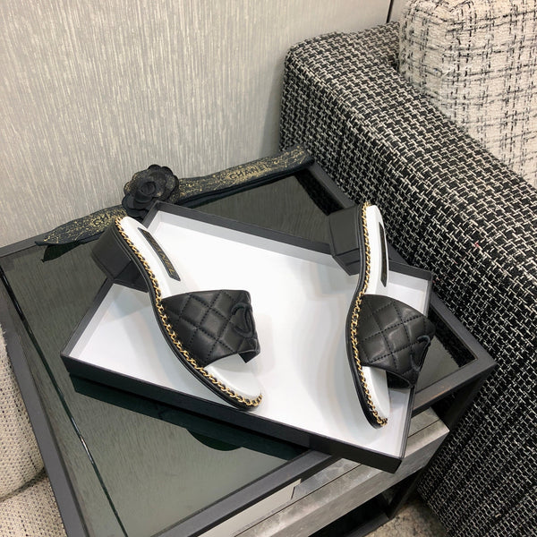 Chanel 26 High-Heeled Chain Slippers Black in Lambskin 602482