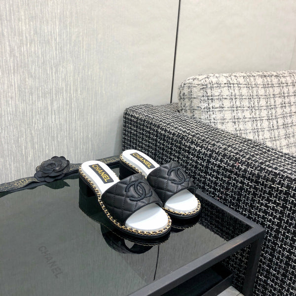 Chanel 26 High-Heeled Chain Slippers Black in Lambskin 602482