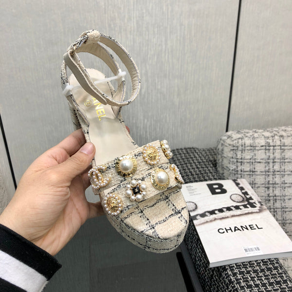 Chanel 26 Runway Style High-Heeled Sandals Off-White in Tweed Fabric 602478