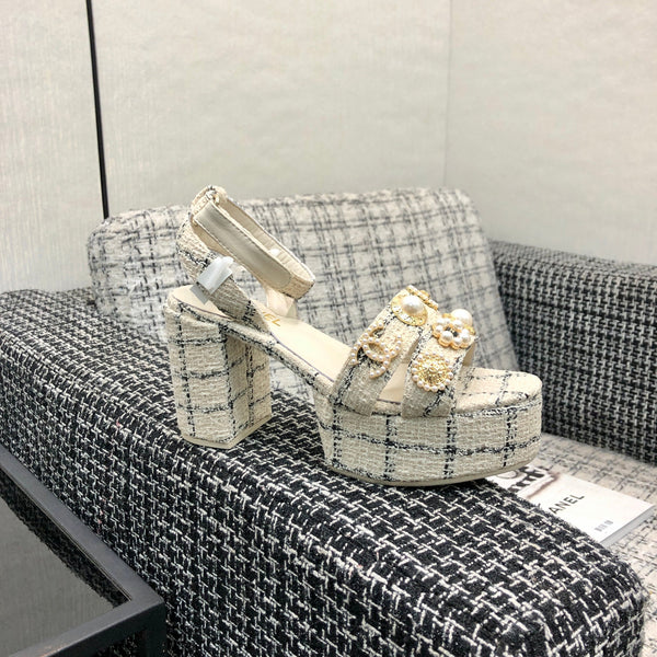 Chanel 26 Runway Style High-Heeled Sandals Off-White in Tweed Fabric 602478
