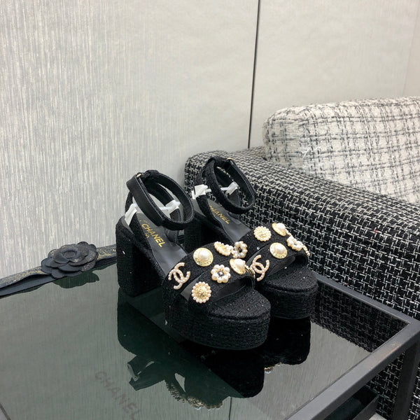 Chanel 26 Runway Style High-Heeled Sandals Black in Tweed Fabric 602477