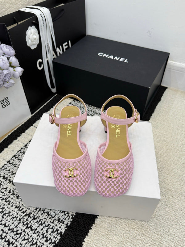 Chanel Square Toe Mary Jane Flats Pink in Mesh fabric 602170
