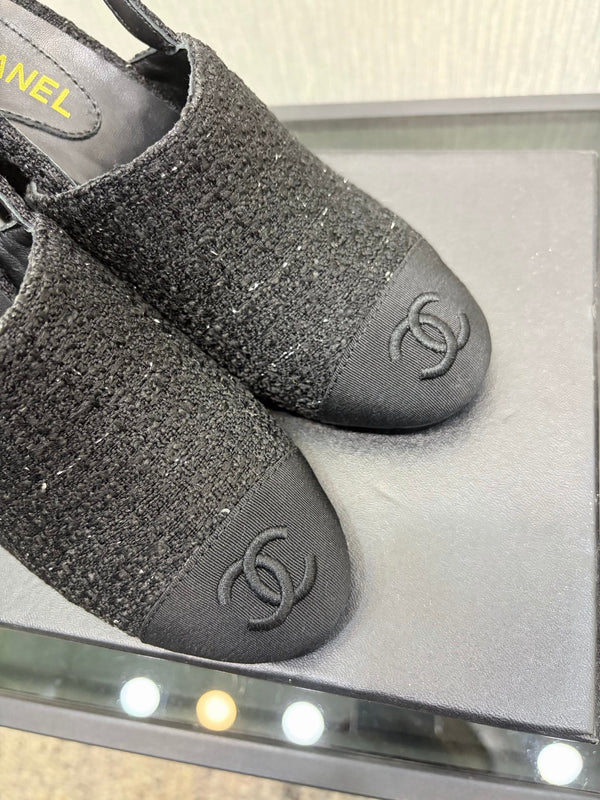 Chanel 26 Classic Chunky Heel Open Back Sandal 95 Black in Tweed Fabric 602499