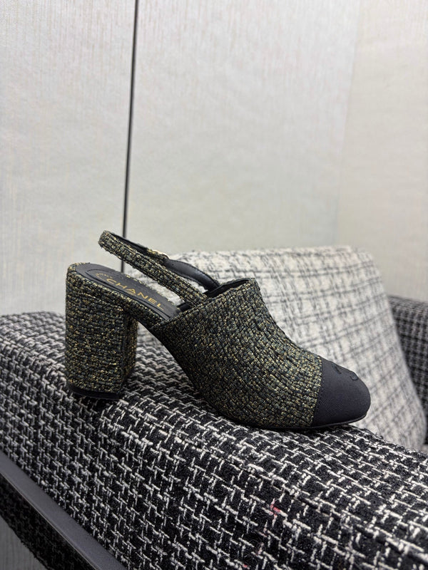 Chanel 26 Classic Chunky Heel Open Back Sandal 95 Olive Green in Tweed Fabric 602496