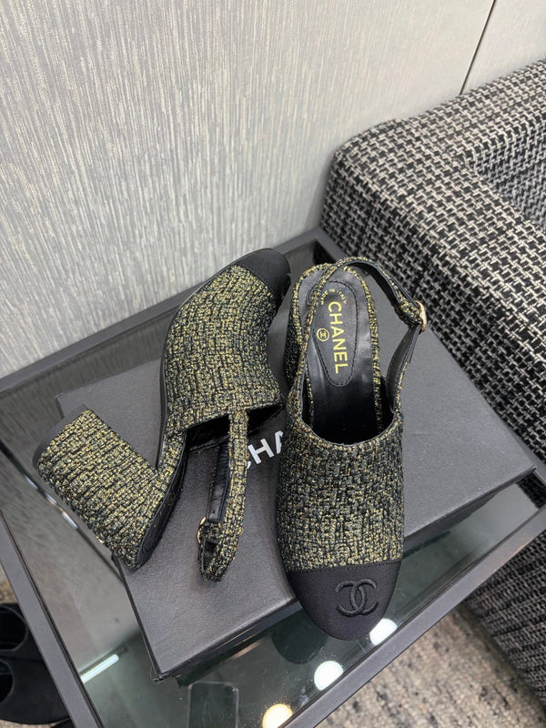 Chanel 26 Classic Chunky Heel Open Back Sandal 95 Olive Green in Tweed Fabric 602496
