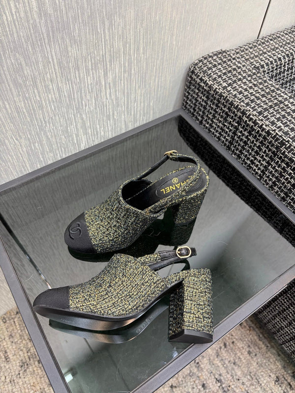 Chanel 26 Classic Chunky Heel Open Back Sandal 95 Olive Green in Tweed Fabric 602496