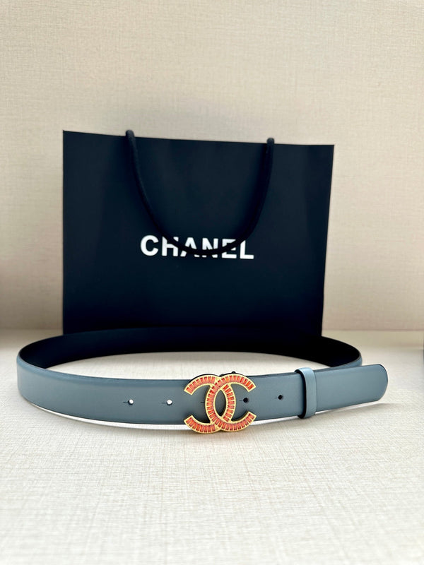 CC Women's Belt 3.0CM Light Blue Black Cowhide Red Buckle 616966