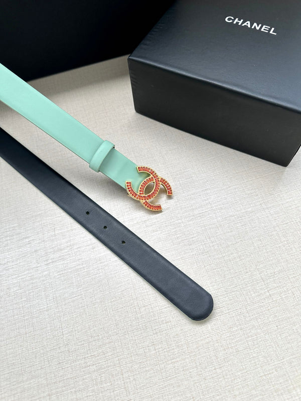 CC Women's Belt 3.0CM Mint Green Black Cowhide Red Buckle 616962