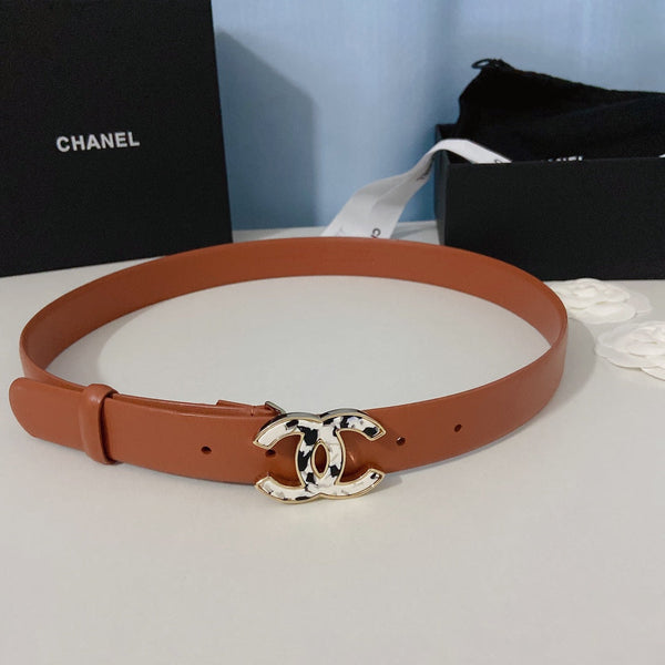 CC Women's Belt 3.0CM Brown Calfskin White Black Buckle 597643