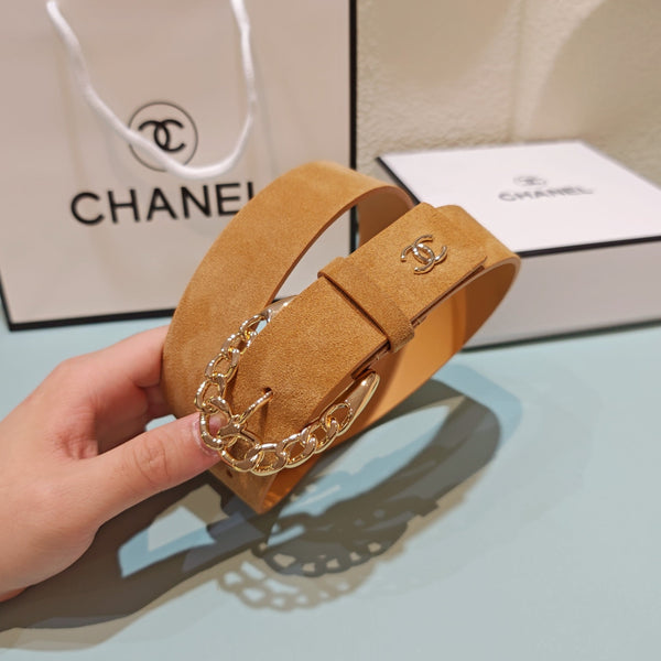 CC Belt 3.0CM Camel Brown Suede Gold Buckle 198423