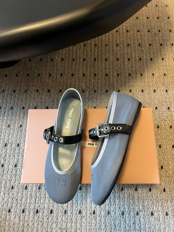Miu Miu Women's Bow-Decorated Ballet Flats Gray in Mesh 614704
