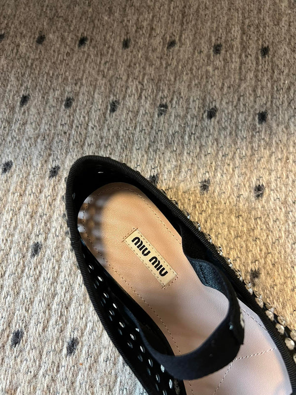 Miu Miu 26SS Ballet Flats Diamond-encrusted Black in Calfskin 614697