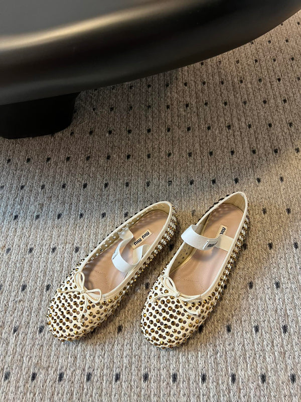 Miu Miu 26SS Ballet Flats Diamond-encrusted Cream in Calfskin 614696