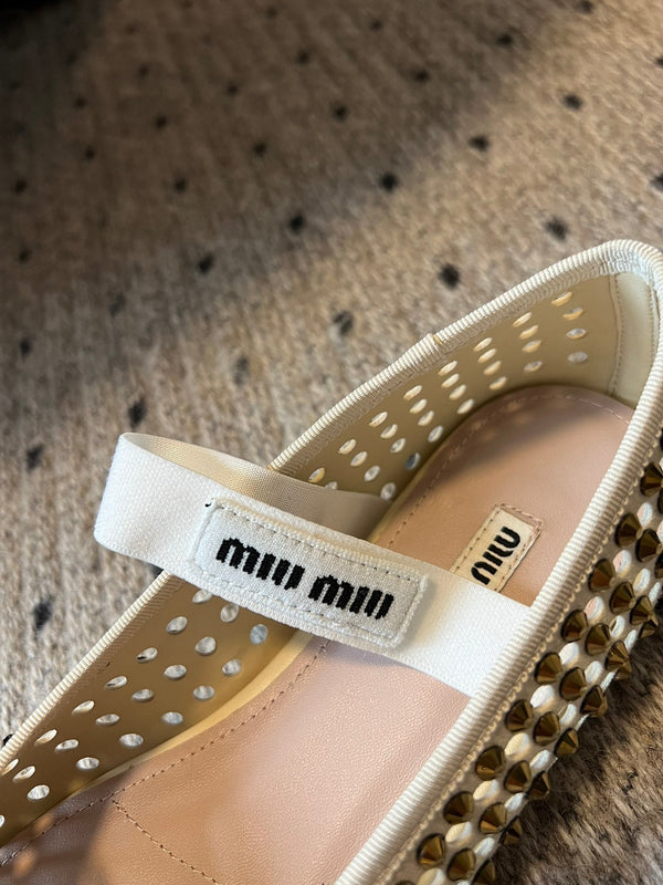 Miu Miu 26SS Ballet Flats Diamond-encrusted Cream in Calfskin 614696