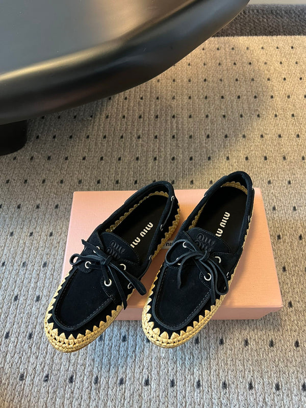 Miu Miu 26ss Loafer Black in Suede With Raffia Straw 614556