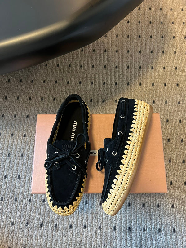 Miu Miu 26ss Loafer Black in Suede With Raffia Straw 614556